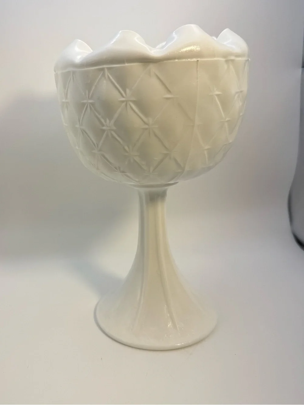 Vintage Milk Glass Compote Candy Pedestal Dish Quilted Duette Pattern 9” Cottage
